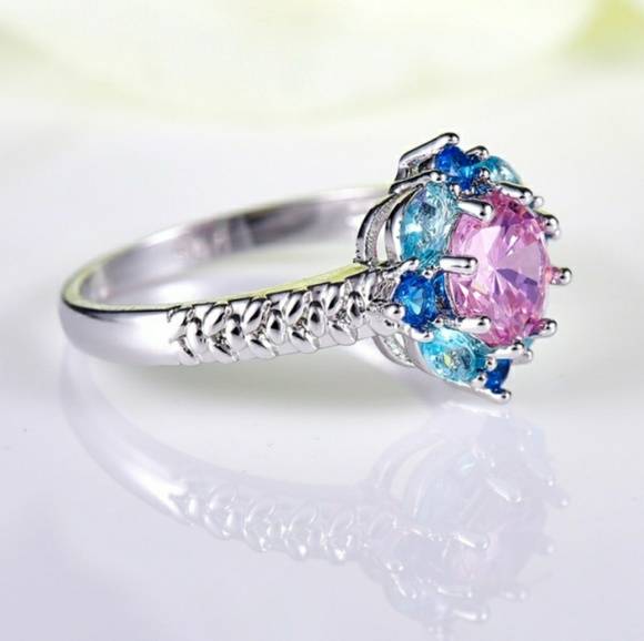 Pink & Blue Sapphires Floral Sterling Silver Ring - Picture 3 of 9